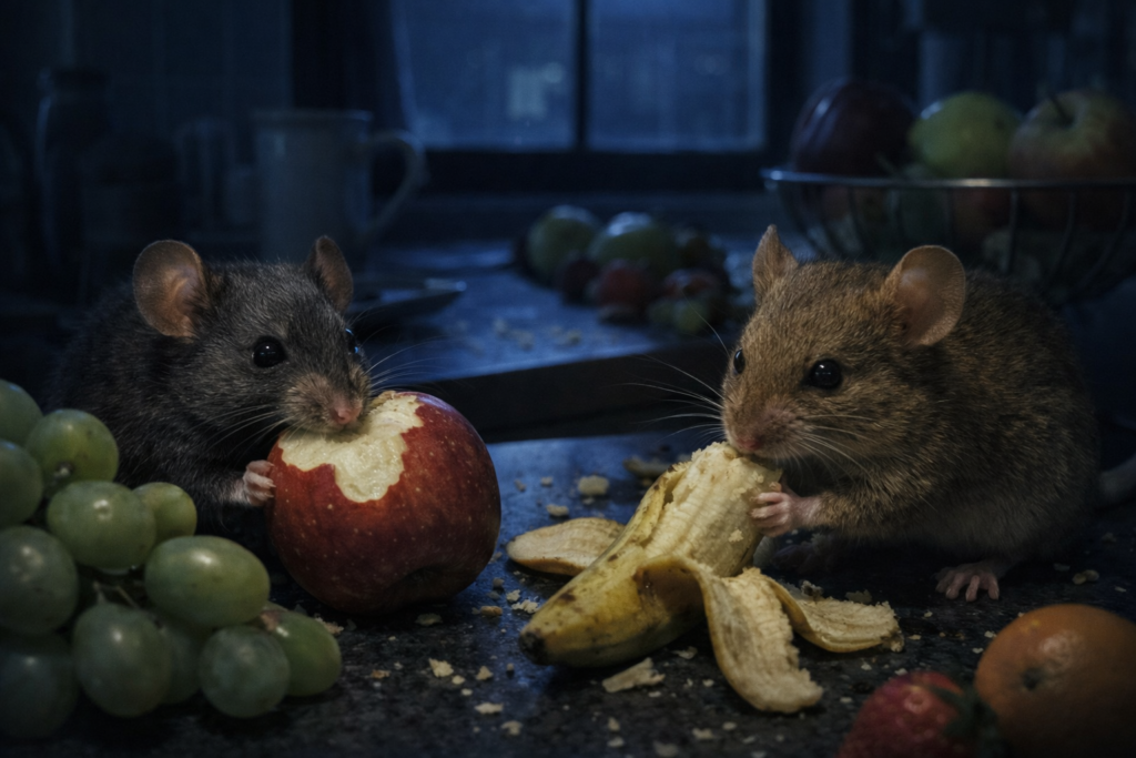 夜台所で果物などを齧るネズミ