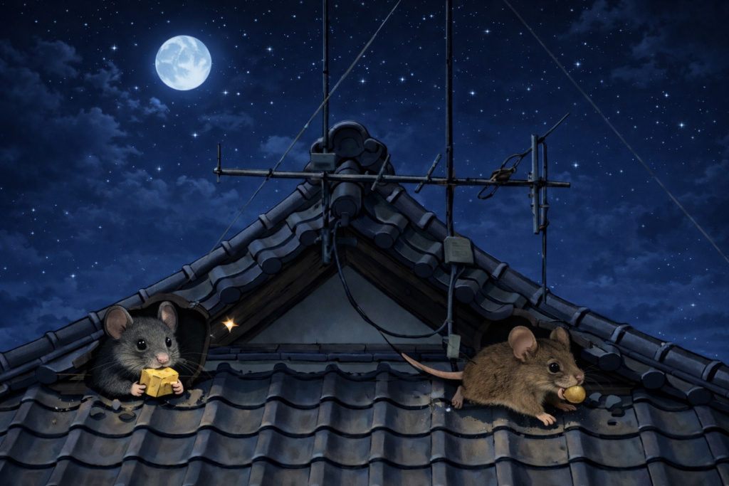 屋根上ネズミ侵入口 入母屋の隙間からネズミが侵入