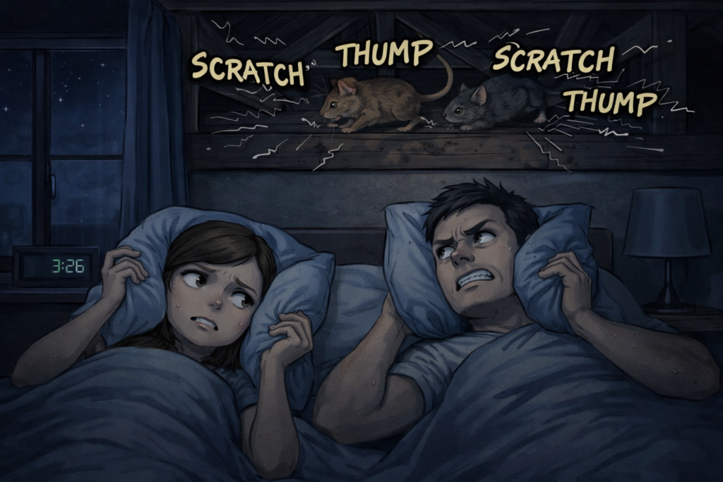 •深夜、天井裏で何かが走り回る音がして眠れない。 イラスト描いて下さい
