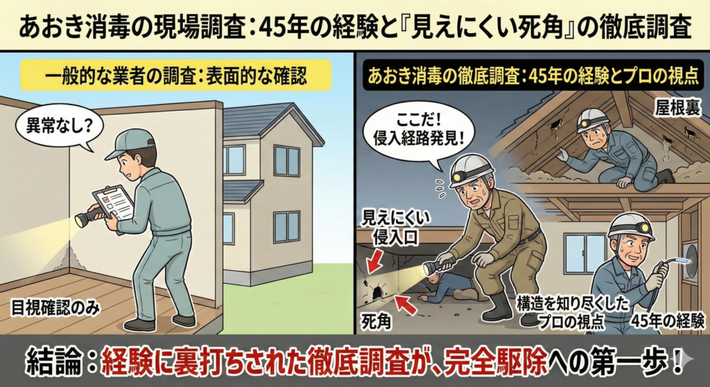 あおき消毒が現場調査を行う際、４５年間の経験をもとに建物全体の「見えにくい死角」を徹底的に調査します。