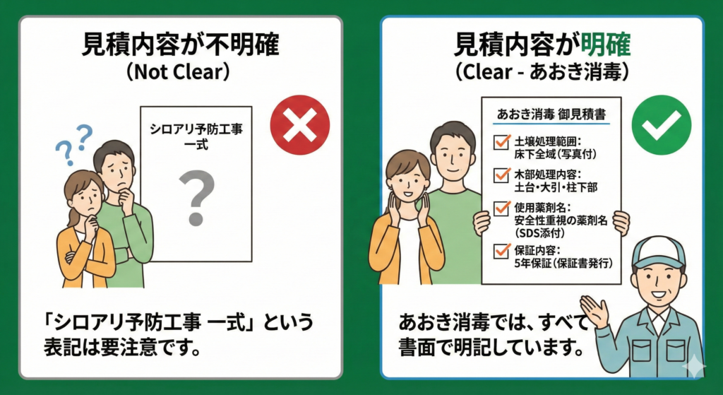 シロアリ駆除の見積内容が明確か？