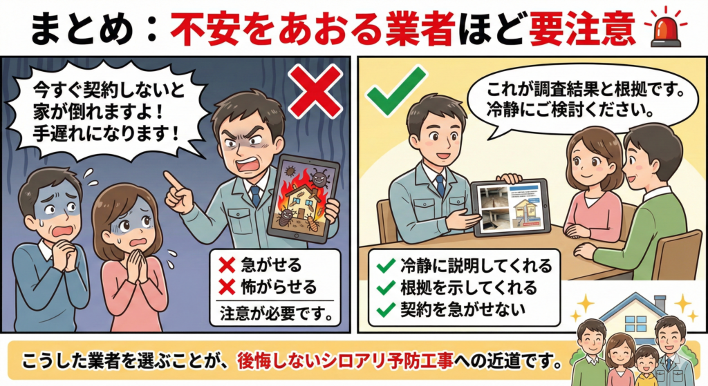 シロアリ予防工事は、「急がせる業者」「怖がらせる業者」ほど注意が必要です。