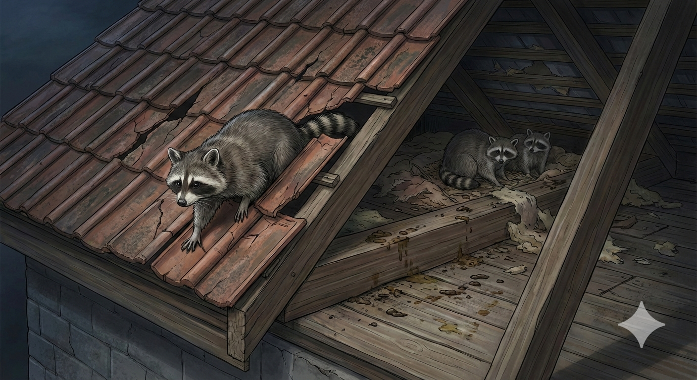 アライグマが天井裏に侵入している様子