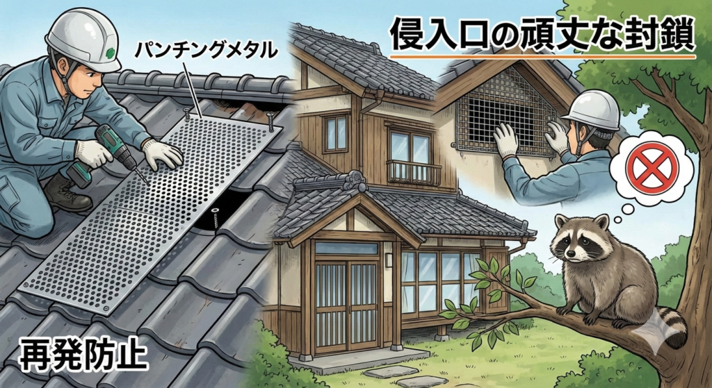 アライグマ侵入口の頑丈な封鎖（再発防止）