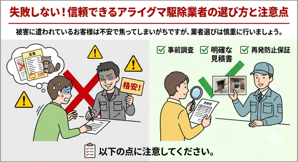 失敗しない！信頼できるアライグマ駆除業者の選び方と注意点 被害に遭われているお客様は不安で焦ってしまいがちですが、業者選びは慎重に行いましょう