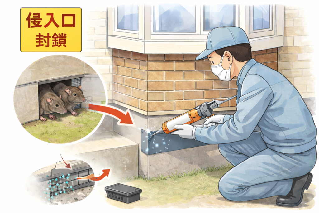 侵入口を特定した上で、再侵入されないように封鎖施工を実施。 ネズミは学習能力が高く、弱い封鎖は突破されるため、強度と隙間ゼロにこだわります。