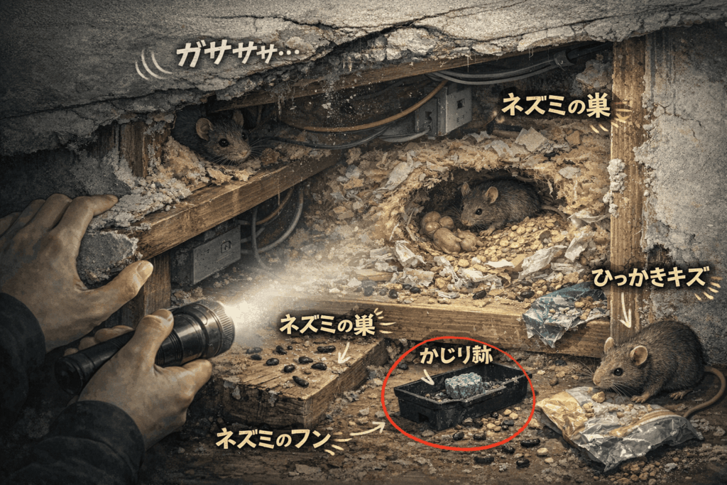 住宅内の状況を細かく確認し、ネズミが実際に生息している痕跡を確認しました