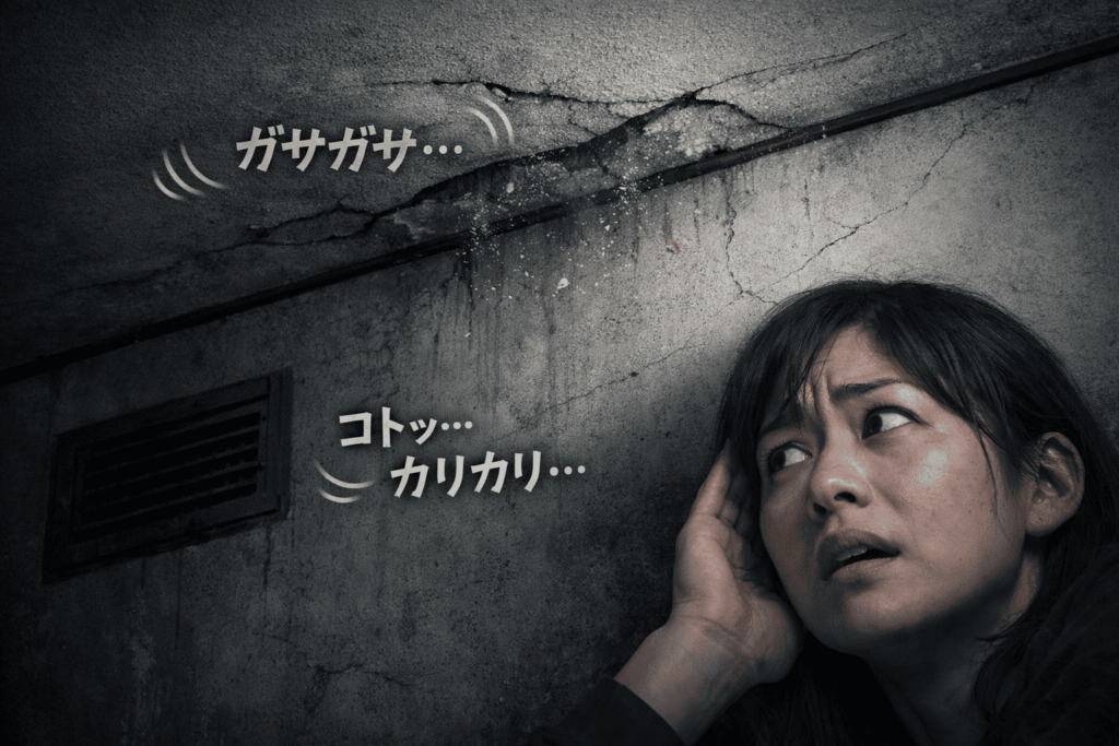 天井や壁の中で何かが動くような音を感じており、次第に不安が大きくなっていた
