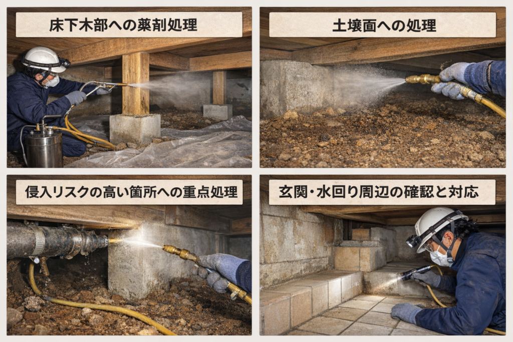 床下シロアリ予防工事　薬剤散布