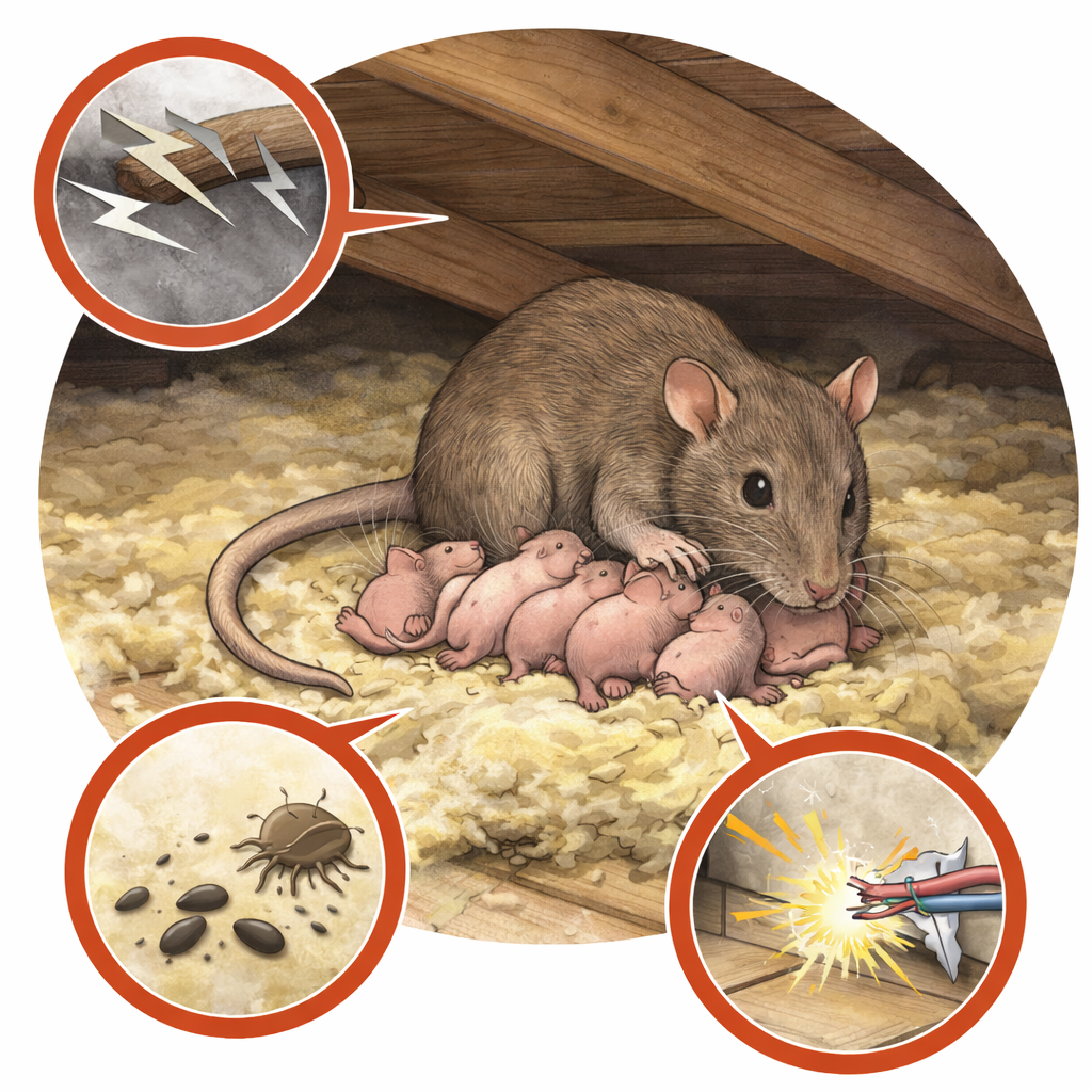 調査の結果、天井裏で出産（子供を産んでしまっている状態）が確認できました。 ネズミは繁殖スピードが非常に早く、個体数が増える