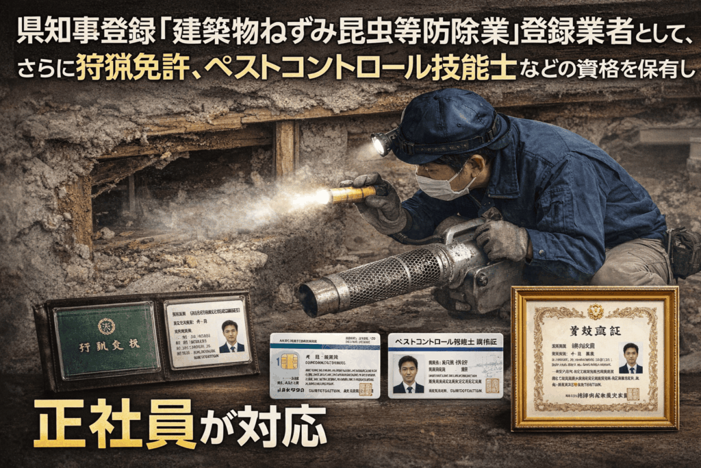 県知事登録「建築物ねずみ昆虫等防除業」登録業者として、 さらに狩猟免許、ペストコントロール技能士などの資格を保有した正社員が対応
