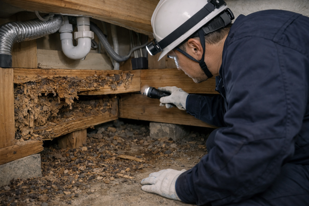 床下でシロアリ被害部　を点検している様子