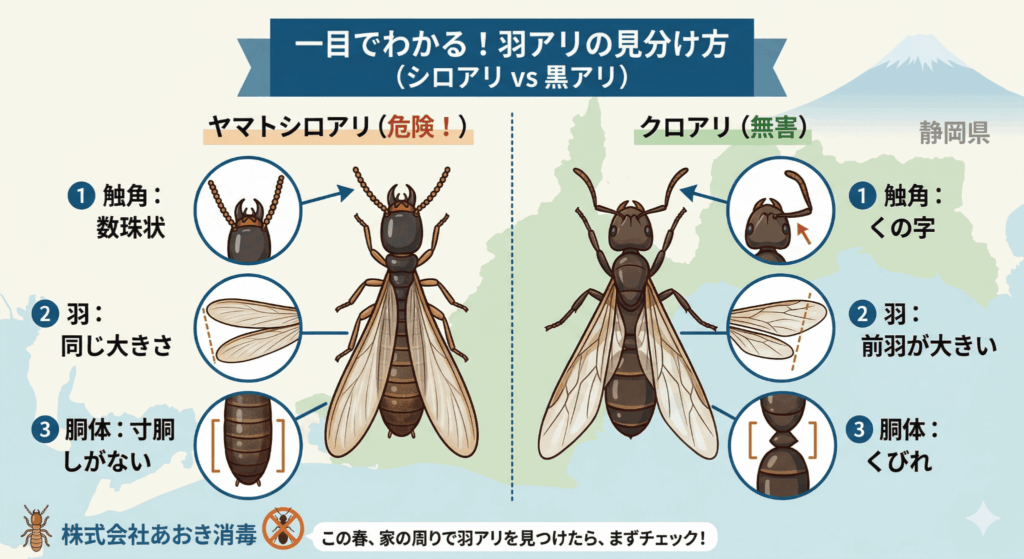 黒アリの羽アリとシロアリの羽アリの見分け方