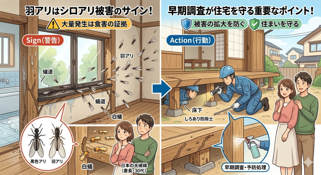 羽アリがいたらシロアリ被害がある可能性が高いので専門家に相談して下さい