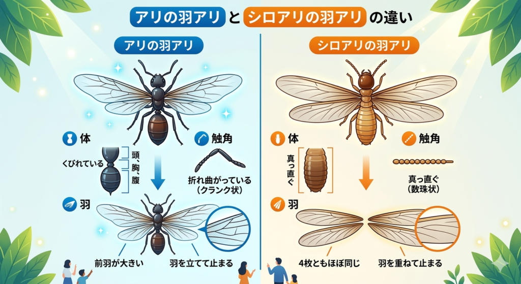 アリの羽アリとシロアリの羽アリの違い