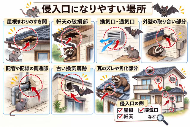 ネズミやハクビシンやコウモリの侵入口になりやすい場所
