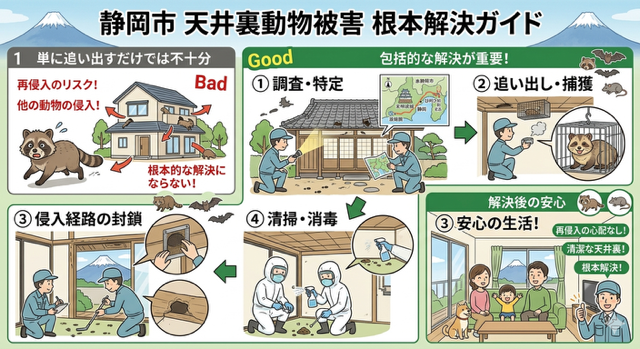静岡市で天井裏の動物被害を解決するには、単に追い出すだけでは不十分です。