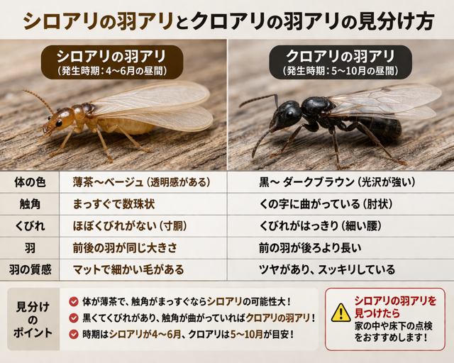 シロアリの羽アリとクロアリの羽アリの見分け方