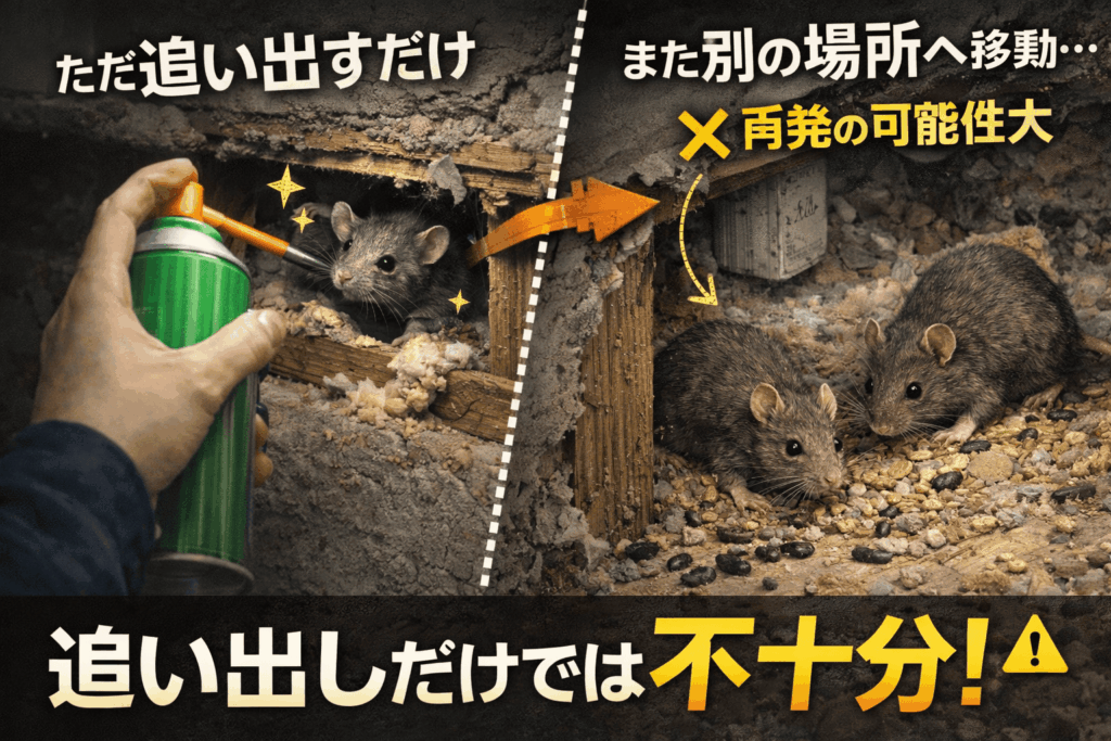 ネズミ駆除というと、「とにかく追い出せば終わり」と思われることがあります。 しかし実際には、追い出しだけでは不十分なケースが多くあります。