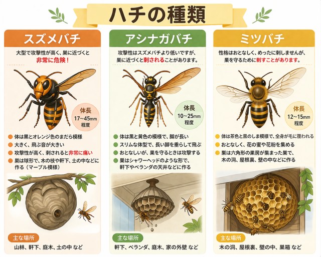 ハチの種類のイラスト スズメバチ、アシナガバチ、ミツバチ
