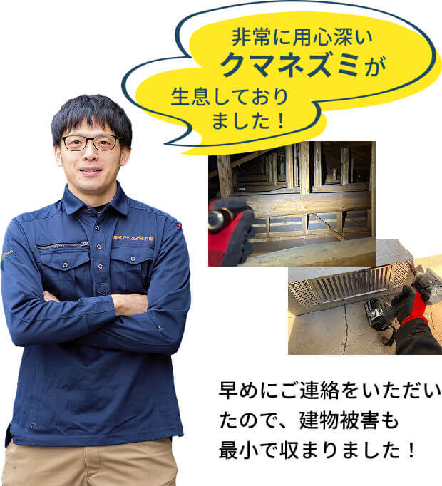 非常に用心深いクマネズミが生息しておりました！早めにご連絡をいただいたので、建物被害も最小で収まりました！